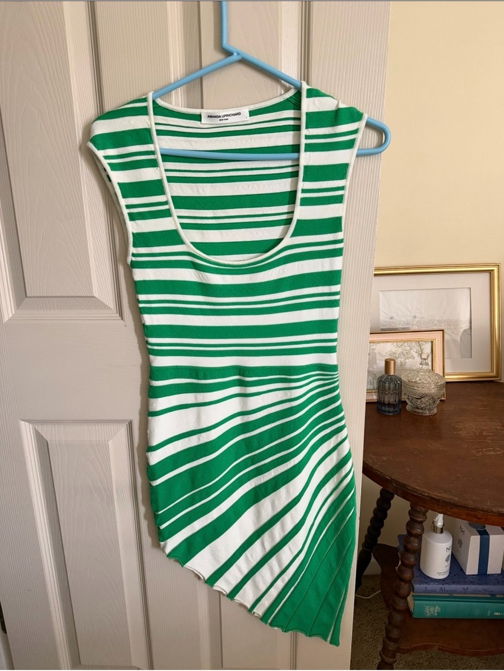Amanda Uprichard Green & White Striped Asymmetrical Tank Dress